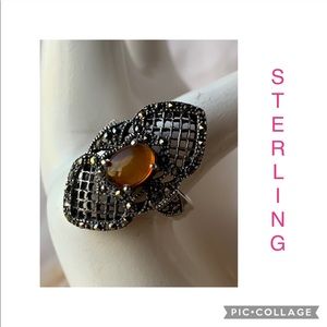 Sterling silver AMBER vintage ring marcasite stones gems collectors rare unique